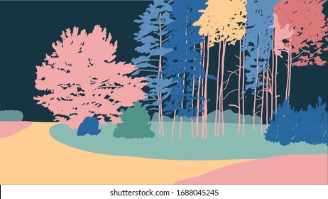 Colorful vector illustration of landscape. Yellow road, bright trees and bushes. Nature, forest. Beautiful view. Background or banner.