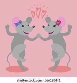 Colorful vector illustration of lesbian couple of happy cheerful cute anthropomorphic grey female mice in love dancing. Wearing flower in hair, bow. Hearts above them. Red background with shadow.