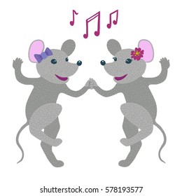 Colorful vector illustration of lesbian or friends couple of happy cheerful cute anthropomorphic grey mice dancing. Wearing purple ribbon bow, pink flower. Musical notes. Isolated on white background.
