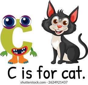 Colorful vector illustration of the letter C and a cartoon cat. Playful design with vibrant colors and whimsical style