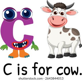 Ilustração vetorial colorida da letra C e uma vaca de desenho animado, ideal para materiais educativos e conteúdo infantil