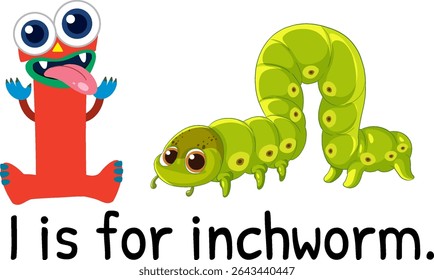 Colorful vector illustration of the letter I and a cute inchworm. Bright, playful design suitable for educational materials