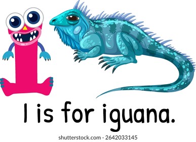 Colorful vector illustration of the letter 'I' with a cartoon iguana. Bright colors and playful design enhance educational appeal