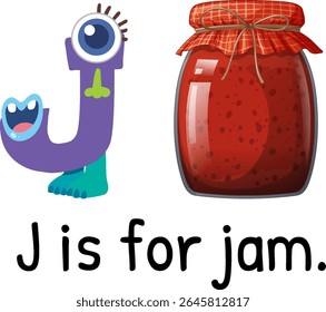 Colorful vector illustration of the letter J with a jar of jam. Fun, educational design for childrenâs learning materials