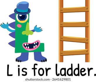 Colorful vector illustration of letter 'L' character with a ladder. Bright, whimsical design perfect for educational materials