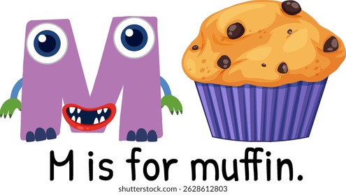 Colorful vector illustration of letter M as a character with a muffin. Bright colors and playful design enhance learning