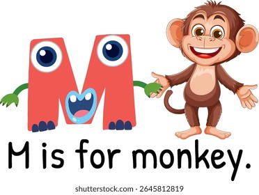Colorful vector illustration of letter M and a cheerful monkey. Bold colors and playful design ideal for educational materials