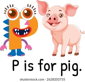 Colorful vector illustration of letter P and a smiling pig. Cartoon style, vibrant colors, educational theme for children