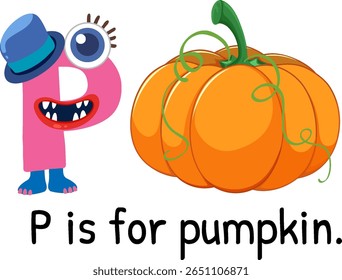 Colorful vector illustration of the letter P and a pumpkin. Whimsical design with vibrant colors and playful character elements