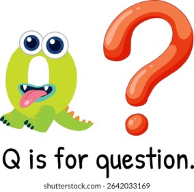 Colorful vector illustration of the letter Q as a cute monster with a question mark. Bright, engaging design for educational purposes