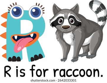 Colorful vector illustration of letter R with a cartoon raccoon. Engaging design for educational materials and children's projects