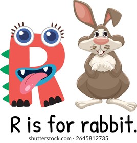 Colorful vector illustration of the letter R and a cartoon rabbit. Bold, playful design with vibrant colors and whimsical style