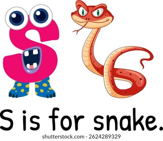 Colorful vector illustration of the letter S and a snake, designed for educational purposes with playful elements