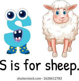 Colorful vector illustration of letter 'S' and a cute sheep. Bright, playful design ideal for educational materials