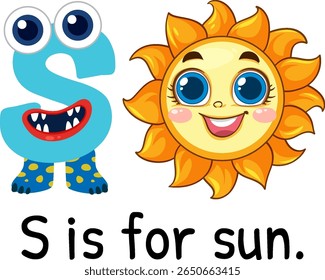 Colorful vector illustration of the letter S with a smiling sun character. Bright, playful design ideal for educational materials