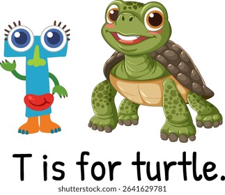 Colorful vector illustration of the letter T with a friendly turtle. Bright, playful design ideal for educational materials