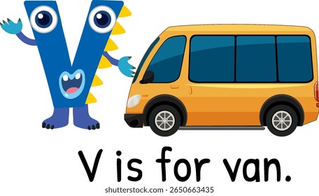 Colorful vector illustration of letter V with a friendly cartoon van. Bright, engaging design perfect for educational materials