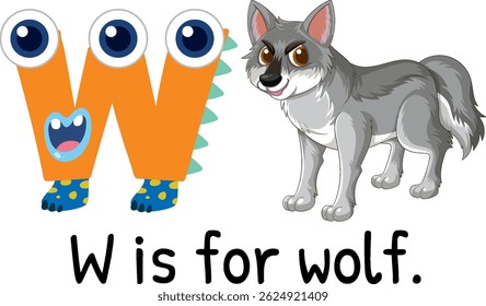Colorful vector illustration of the letter W and a cartoon wolf. Bright, engaging design suitable for educational materials