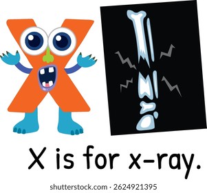 Colorful vector illustration of the letter X as a character with an x-ray image. Bold colors and playful design