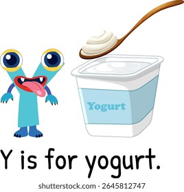Colorful vector illustration of the letter Y with a yogurt cup and spoon. Playful character design and educational theme