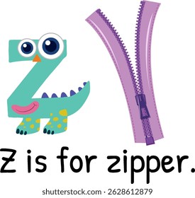 Colorful vector illustration of letter Z with a dinosaur and zipper. Fun, educational design for children's learning materials