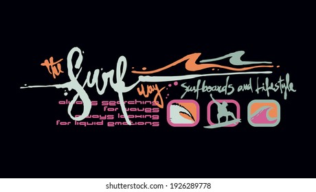Colorful vector illustration of lettering and elements related to surf drawn in stripped style. Art for t-shirts, posters and etc ...