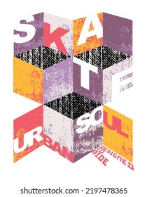 Colorful vector illustration of lettering with geometric shapes and texture. Art alluding to the skateboarding sport.