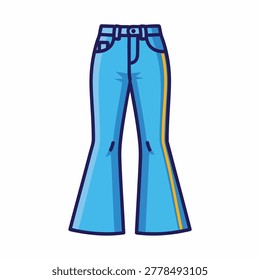 A colorful vector illustration of light blue bell bottom denim pants featuring a prominent yellow vertical stripe along the side seam isolated on white