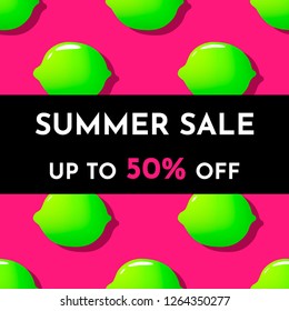 Colorful vector illustration with light green cartoon limes pattern on pink background. Black text frame with phrase "Summer sale. Up to 50 percent off". Trendy design