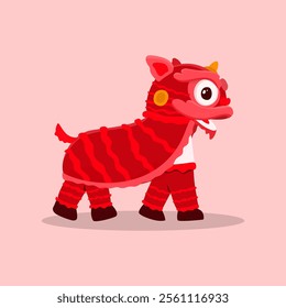 A colorful vector illustration of a Lion Dance (Barongsai) character, symbolizing good luck, prosperity, and happiness in Chinese culture. Designed in a modern flat style with intricate details, makin