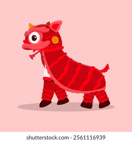 A colorful vector illustration of a Lion Dance (Barongsai) character, symbolizing good luck, prosperity, and happiness in Chinese culture. Designed in a modern flat style with intricate details, makin