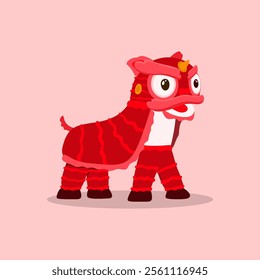 A colorful vector illustration of a Lion Dance (Barongsai) character, symbolizing good luck, prosperity, and happiness in Chinese culture. Designed in a modern flat style with intricate details, makin