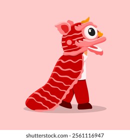 A colorful vector illustration of a Lion Dance (Barongsai) character, symbolizing good luck, prosperity, and happiness in Chinese culture. Designed in a modern flat style with intricate details, makin