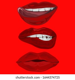 Ilustración vectorial colorida, labios con diferentes expresiones faciales, expresando emociones. Tonos luminosos saturados de dibujos sobre un fondo rojo brillante.