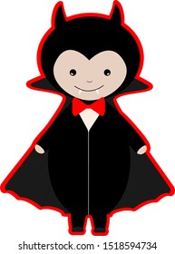 Colorful vector illustration of little baby in black bat costume, hand drawn style isolated on white background