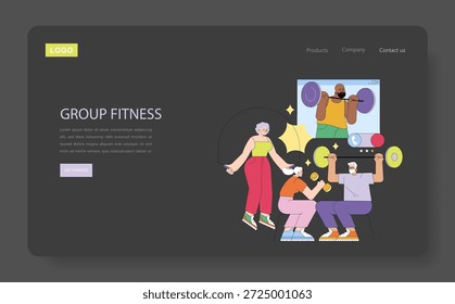 Colorful vector illustration of a lively group fitness class with diverse participants engaging in weightlifting and exercise. Energetic scene capturing teamwork and motivation.