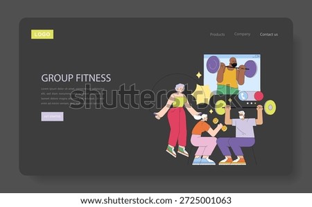 Colorful vector illustration of a lively group fitness class with diverse participants engaging in weightlifting and exercise. Energetic scene capturing teamwork and motivation.