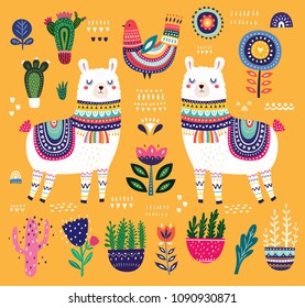 Colorful vector illustration with llama, flowers, bird and ethnic design elements