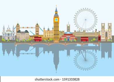 Colorful vector illustration of London landmarks with reflection in water. City Skyline vector isolated  illustration.London background.Vector colorful illustration of attractions of London, England. 