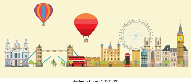 Colorful vector illustration of London landmarks. City Skyline vector isolated illustration. Panoramic vector London background. Vector colorful illustration of attractions of London, England. 