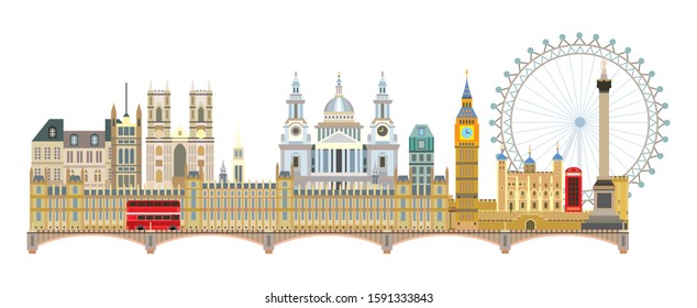 Colorful vector illustration of London landmarks. City Skyline vector illustration isolated on white background.  Panoramic vector colorful illustration of attractions of London, England. 