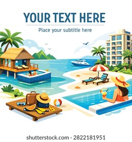 Colorful vector illustration of a luxury beach resort with pool and ocean view