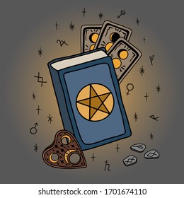 Colorida ilustración vectorial con libro mágico, pistas, Tarot y un puntero de un Consejo Ouija. Perfecto para tatuajes