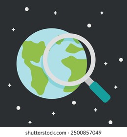 Colorful vector illustration of a magnifying glass focusing on Earth against a starry space background