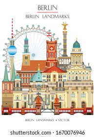 Colorful vector illustration of main Berlin landmarks front view, famous attractions of Berlin, Germany. Vector vertical flat illustration isolated on white. Berlin travel concept. Stock illustration.