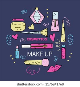 Colorful vector illustration of makeup theme with women's cosmetics