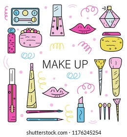 Colorful vector illustration of makeup theme with women's cosmetics