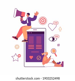 Colorful vector illustration of male manager with loudspeaker making announcement while young woman browsing device during social media advertisement campaign