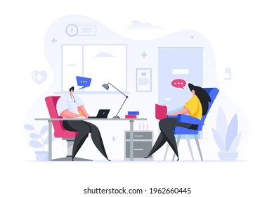 Colorful vector illustration of male medical practitioner talking with female patient and making notes during appointment in office of modern clinic