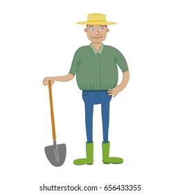 Colorful vector illustration of male middle-aged gardener or farmer, wearing green shirt, jeans, yellow canopy hat, green rubber boots, holding spade. Isolated on white background.